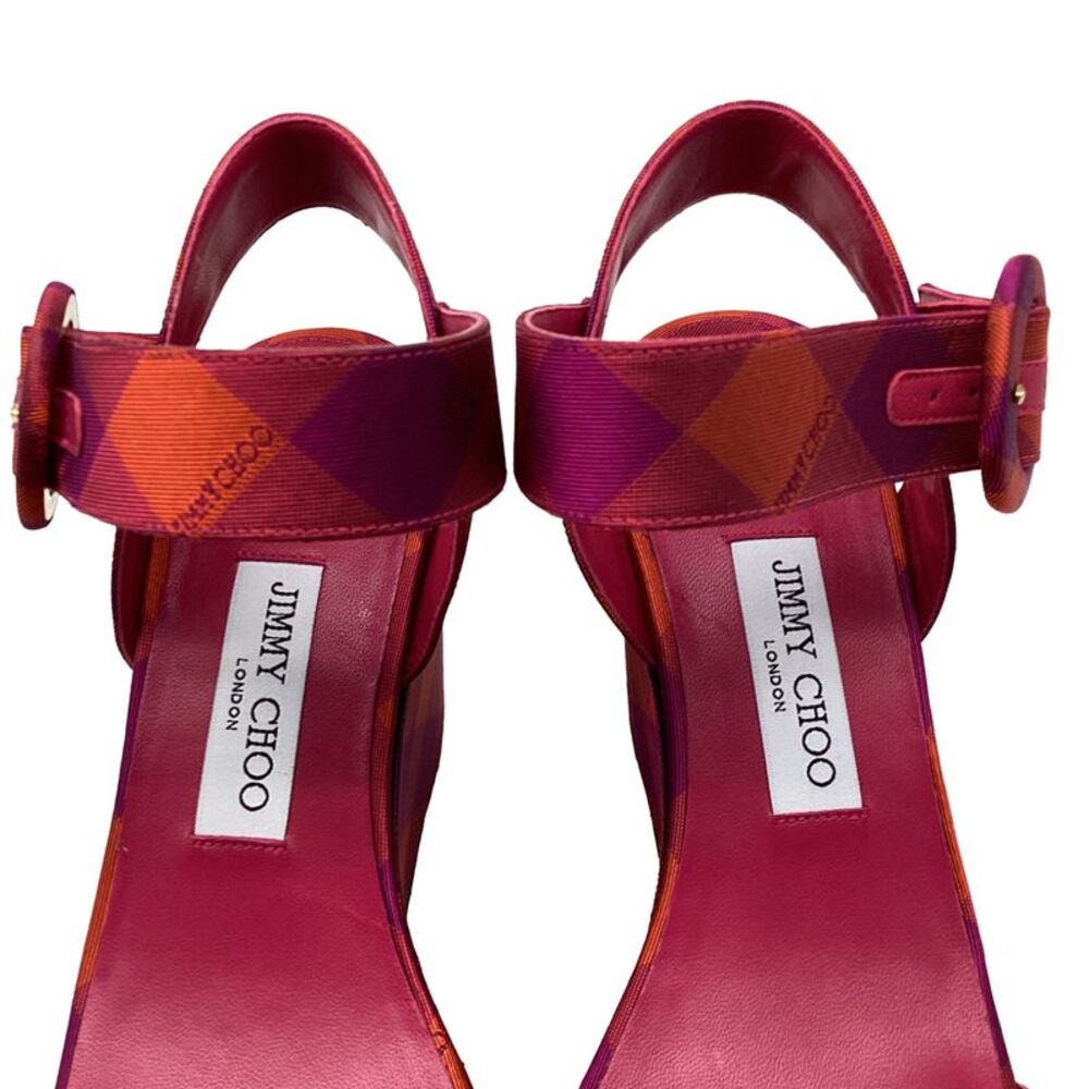 Jimmy Choo Check Wedge Sandals in Pink Cotton - Picture 9 of 9